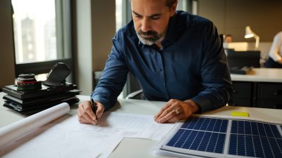 Imprenditore italiano che esamina documenti di finanziamenti green e progetti di energia sostenibile sulla scrivania