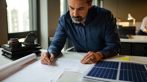 Imprenditore italiano che esamina documenti di finanziamenti green e progetti di energia sostenibile sulla scrivania